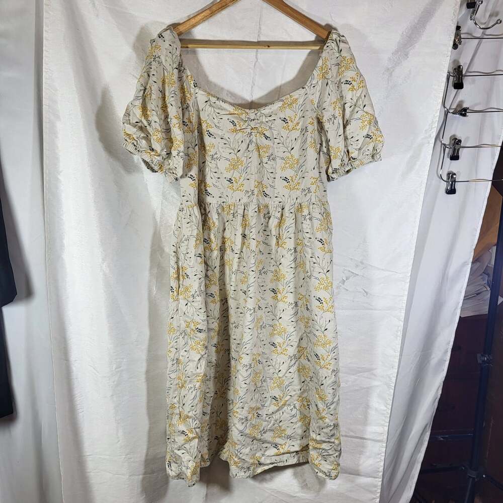 a.n.a Floral Midi Dress Size XL Linen Blend Square Neck Puff Sleeve